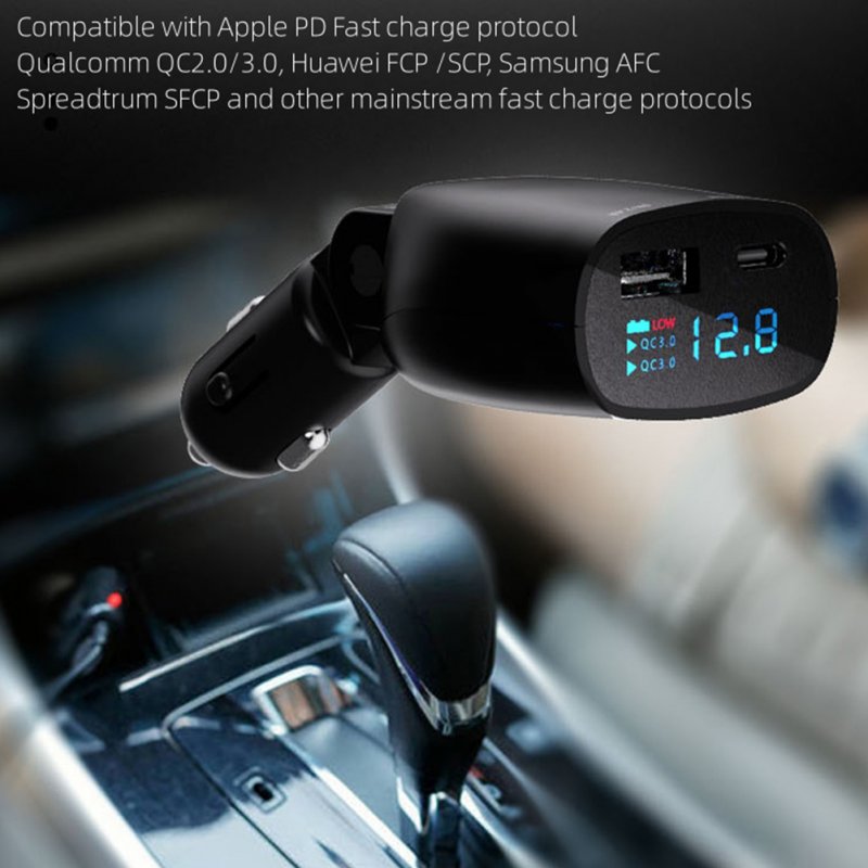 USB Car Charger 90 Degree Rotation QC3.0+PD 2 Ports Fast Charging Adapter With Battery Voltage Monitor For 12-24V Auto 