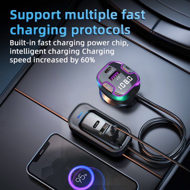 USB Car Charger 3 Ports Super Fast Charging Adapter MP3 Player Audio Transmitter With Colored Ambient Light 