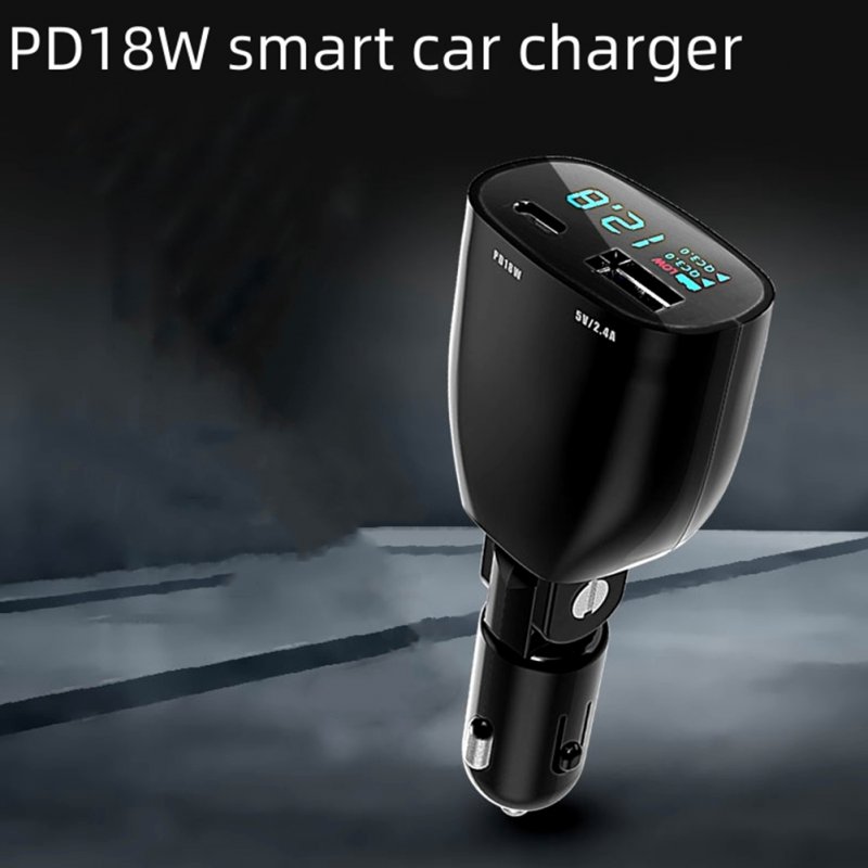 USB Car Charger 90 Degree Rotation QC3.0+PD 2 Ports Fast Charging Adapter With Battery Voltage Monitor For 12-24V Auto 