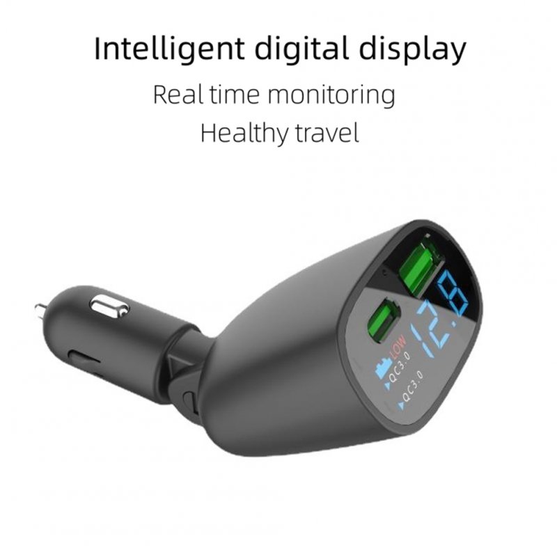 USB Car Charger 90 Degree Rotation QC3.0+PD 2 Ports Fast Charging Adapter With Battery Voltage Monitor For 12-24V Auto 