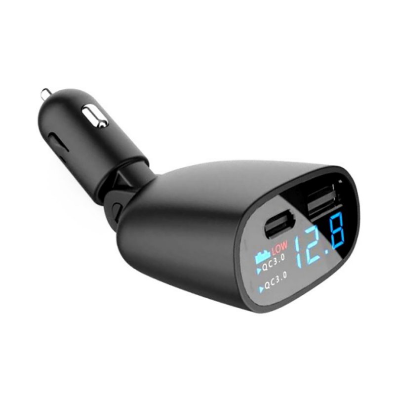 USB Car Charger 90 Degree Rotation QC3.0+PD 2 Ports Fast Charging Adapter With Battery Voltage Monitor For 12-24V Auto 