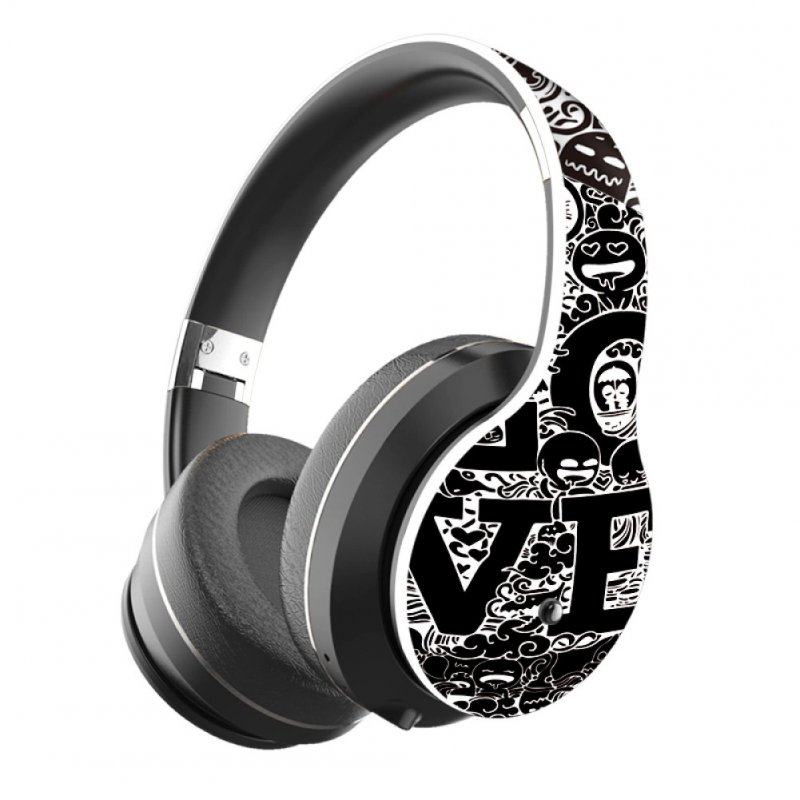 BT Headset Graffiti Pattern Head-mounted Wireless Bluetooth Headphone Universal for PC and Phone Plug-in Card Foldable Black and white