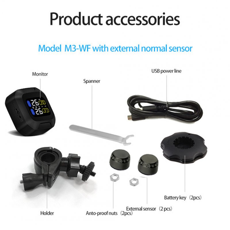 M3 Motorcycle TPMS Tire Pressure Monitoring System 2 External Sensor Wireless LCD Display Moto Auto Tyre Alarm Systems  Silver_M3-WF