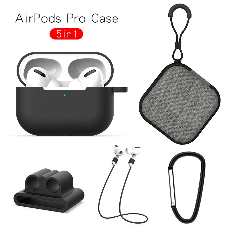 Earphone Protective Case for AirPods Pro Soft Silicone Cover+Carabiner+Anti-lost Strap+Wrist Holder+Storage Bag Black