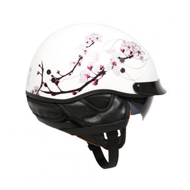 Retro Helemt Half Face Motorcylce Hat FRP Prince Helmet Bright white cherry blossom M