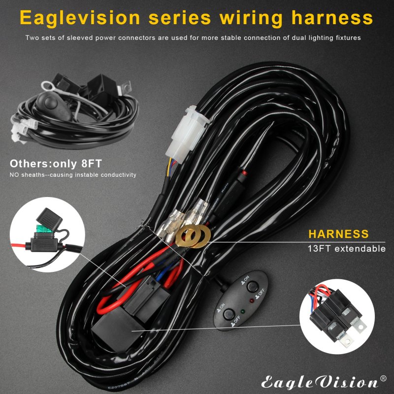 14AWG 9-16V 300W LED Light Bar Wiring Harness With On/Off Relay Switch Kit 