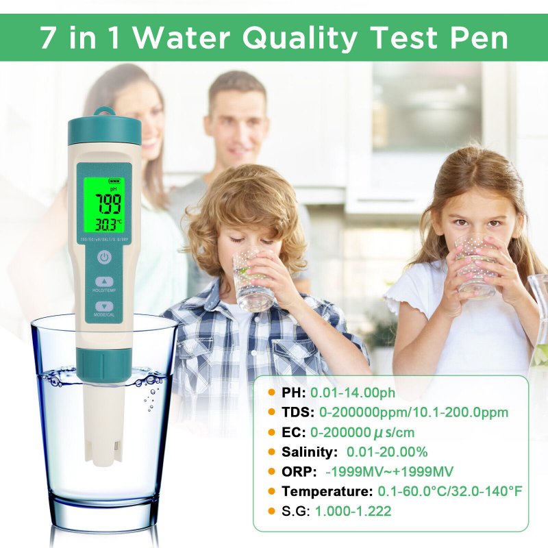 Digital PH Tester 7 In 1 TDS/EC/ORP/Temp/PH Meter Test Water Quality Monitor PH Tester For Household Drinking Hydroponics 