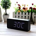 EiioX Wood Grain Clock LED desk alarm clock Time Temperature Date - Sound Control - Latest Generation(Black Skin White LED Light)