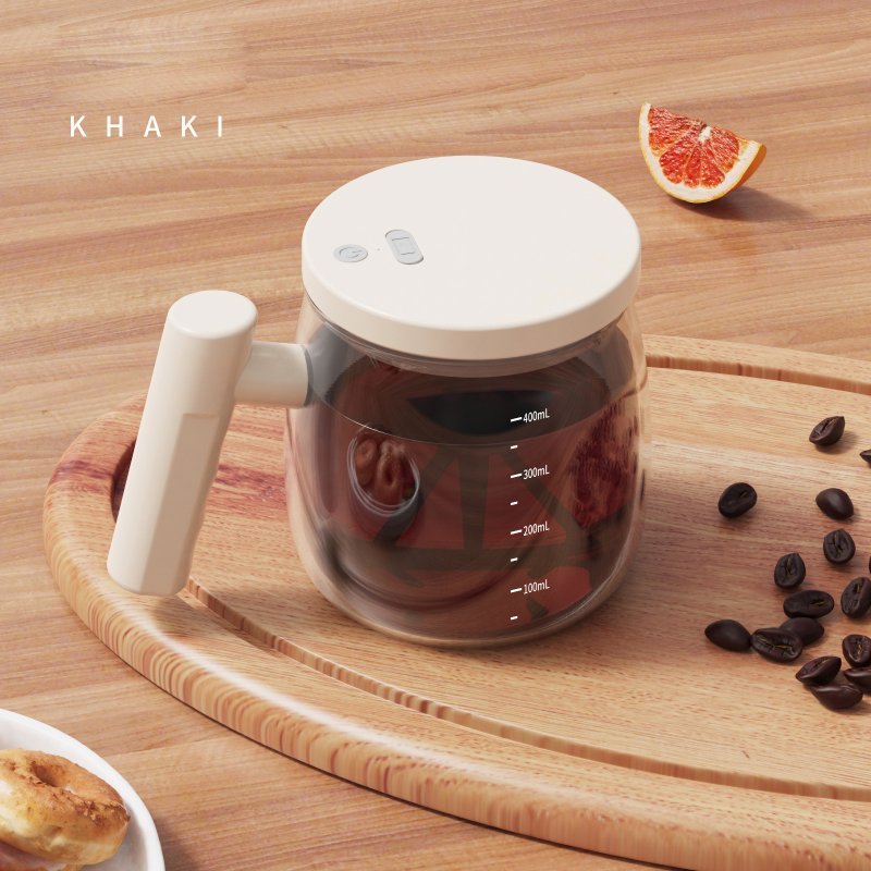 Electric High Speed Mixing Cup, Self Stirring Mug With USB Charging Port, Waterproof Glass Structure, Button, Lid, 400ml Glass Self Stirring Mug For Home Khaki 400ml