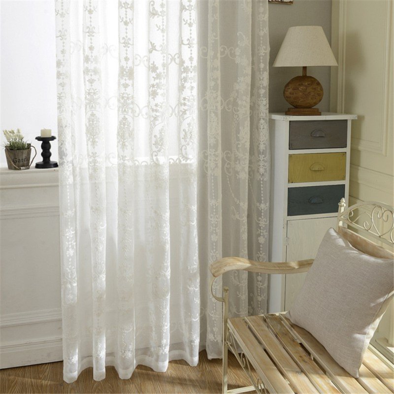 Embroidered Window Sheer Curtain Panel For Living Room Bedding Room Tulle Window Screens Balcony Curtain Drapes white_140*220cm