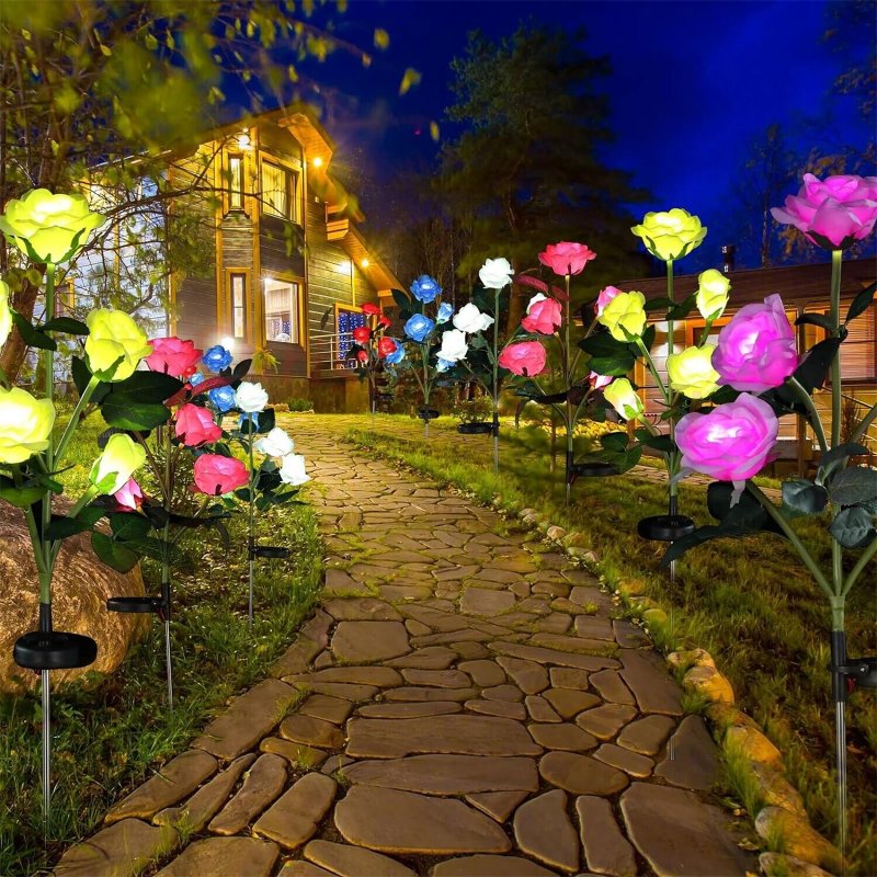 Solar 5 Heads Rose Lamp Outdoor Waterproof Simulation Rose Flower Lawn Decorative Lamp For Garden Yard Patio Decoration 