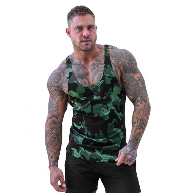 Explosion Muscle Fitness Camouflage Vest Male Breathable Quick-Drying Spandex Men's Casual Outdoor Movement Vest Green camouflage_L