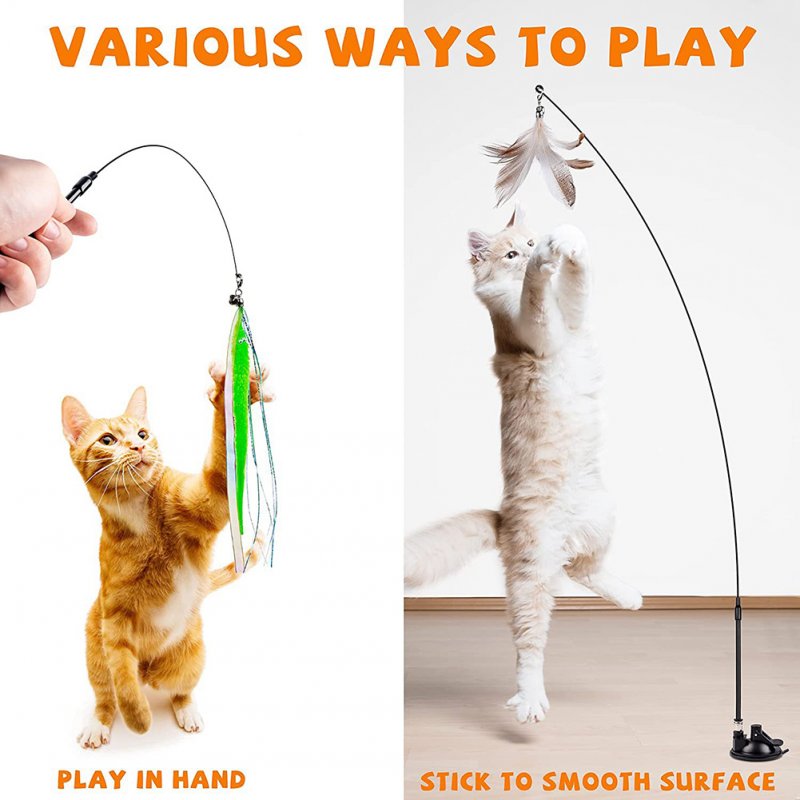 Cat Teaser Stick Set With Suction Cup Bells Feathers Tassels Cat Wand Toy Pet Supplies For Relieves Boredom 2 birds & 3 feathers