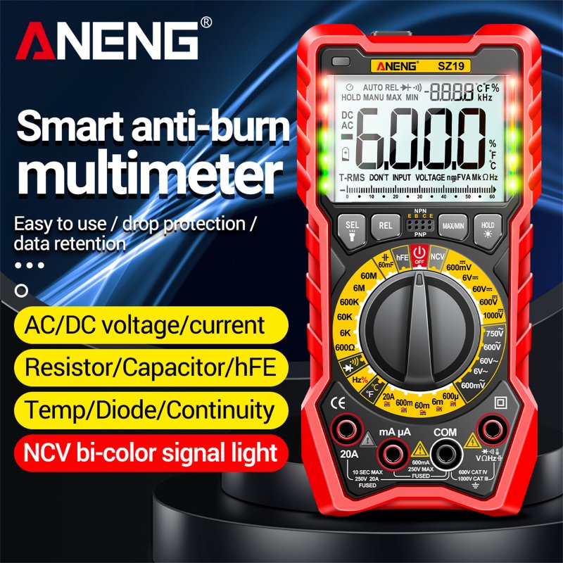 ANENG Sz19 Digital Multimeter 6000 Counts Tester Manual Range False Detection Reminder with Ncv Sound Light Alarm Black