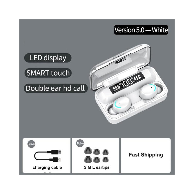 F9-5 TWS Bluetooth Earphones 5.0 Wireless Headphone 8D Bass Stereo In-ear Earbuds Handsfree Headset Built-in Microphone with 2000mAh Charging Case white