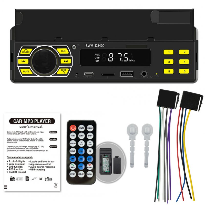 D3400 Car Stereo Multimedia MP3 Player AUX Hands-Free Calling Car Kit Wireless Remote Audio System Cell Phone Holder 