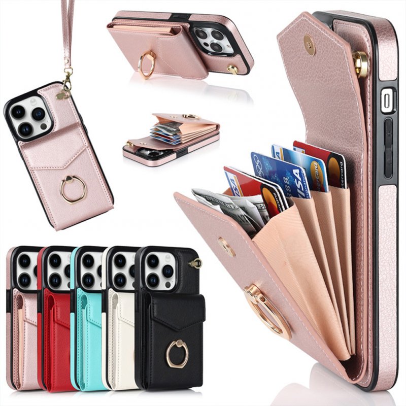 Phone Case With Adjustable Ring Holder Lanyard Wallet Bag Phone Case Protective Shockproof Leather Case For IPhone 15 Mint Green iPhone15Pro