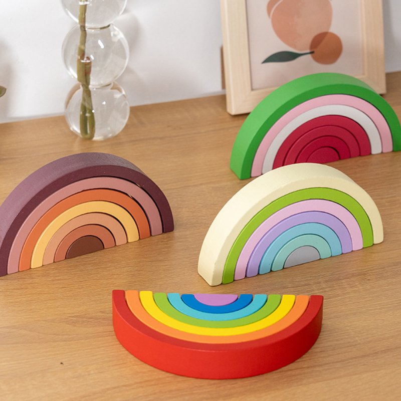 Rainbow Building Blocks Wooden Stacker Nesting Puzzle Blocks Color Shape Matching Puzzle Toys For Kids Gifts 