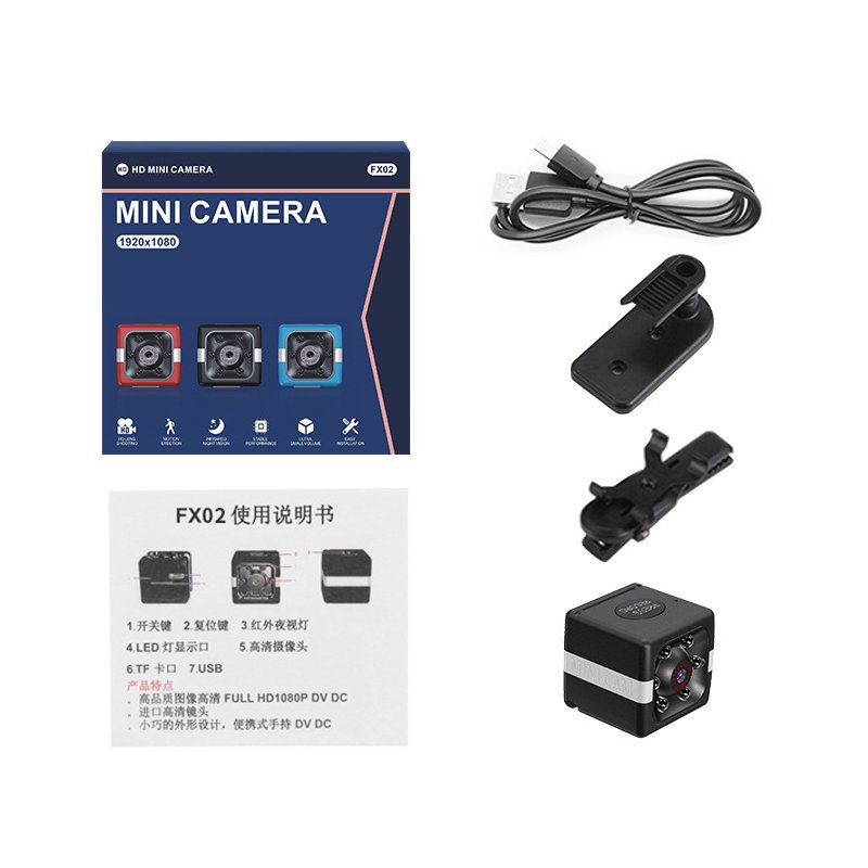FX02 Mini Camera HD 1080P Sensor Vehicle Camcorder Night Vision Motion Detection Wide Angle DVR Micro Sport DV Video with Adjustable Bracket Black