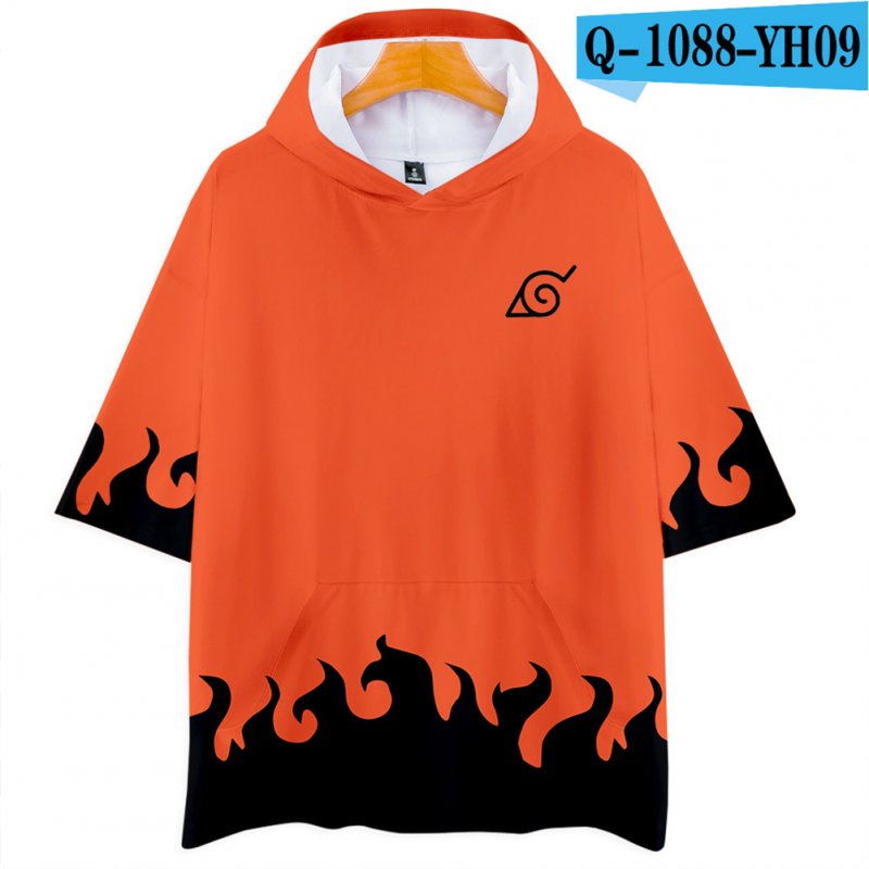 Fashion 3D Anime Naruto Pattern Color Hooded Short Sleeve T-shirt Q-1088-YH09 Orange_XXXL