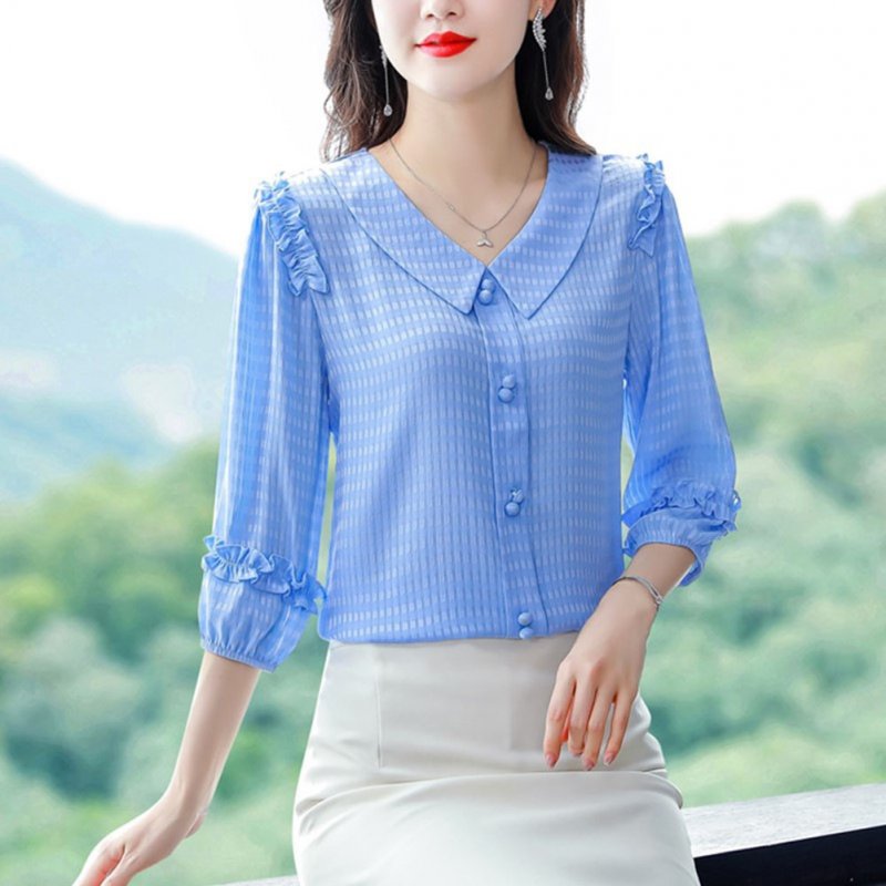 Fashion Chiffon Tops For Women Summer Three-quarter Sleeves Doll Collar Shirt Elegant Solid Color Pullover Blouse sky blue L
