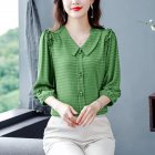 Fashion Chiffon Tops For Women Summer Three-quarter Sleeves Doll Collar Shirt Elegant Solid Color Pullover Blouse green L