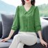 Fashion Chiffon Tops For Women Summer Three quarter Sleeves Doll Collar Shirt Elegant Solid Color Pullover Blouse green 3XL