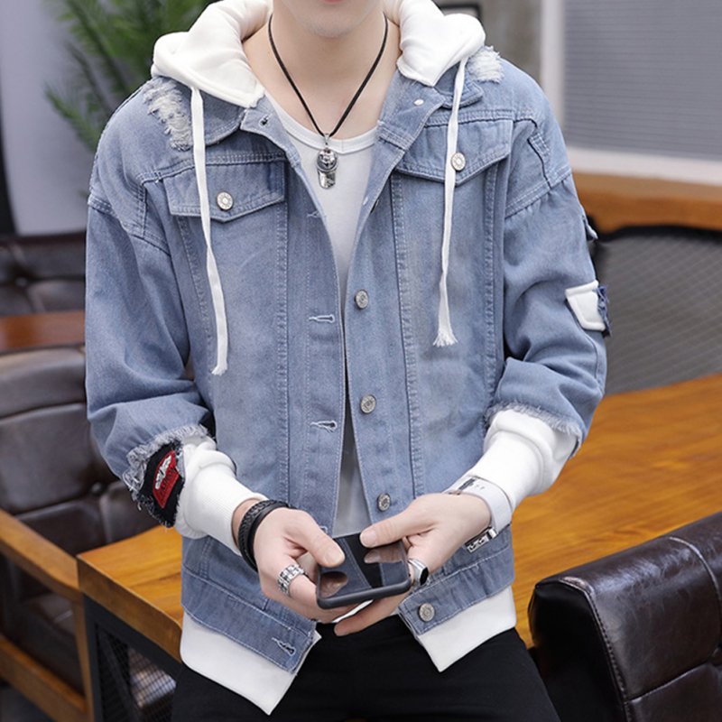 Fashion Denim Jacket with Hood Casual Style Handsome Coat  light blue_S