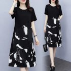 Fashion Loose Dress For Women Elegant Digital Printing Round Neck A-line Skirt Ice Silk Short Sleeves Midi Skirt 2305 XL