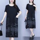 Fashion Loose Dress For Women Elegant Digital Printing Round Neck A-line Skirt Ice Silk Short Sleeves Midi Skirt 2308 XL