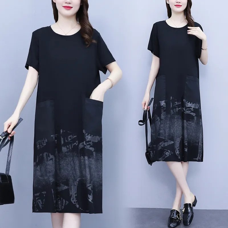 Fashion Loose Dress For Women Elegant Digital Printing Round Neck A-line Skirt Ice Silk Short Sleeves Midi Skirt 2308 M