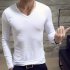 Fashion Men Long Sleeve Shirt Soft Slim T shirt Concise Solid Color Tops  white round neck M