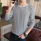 Fashion Men Striped T-shirt Long Sleeves Round Neck Pullover Tops Casual Loose Shirt white stripes M