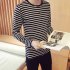 Fashion Men Striped T shirt Long Sleeves Round Neck Pullover Tops Casual Loose Shirt white stripes M