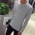 Fashion Men Striped T shirt Long Sleeves Round Neck Pullover Tops Casual Loose Shirt white stripes L