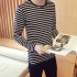 Fashion Men Striped T shirt Long Sleeves Round Neck Pullover Tops Casual Loose Shirt black and white stripes M