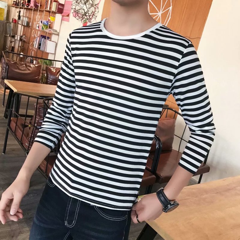 Fashion Men Striped T-shirt Long Sleeves Round Neck Pullover Tops Casual Loose Shirt black and white stripes XL