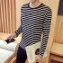 Fashion Men Striped T shirt Long Sleeves Round Neck Pullover Tops Casual Loose Shirt black and white stripes M