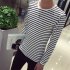 Fashion Men Striped T shirt Long Sleeves Round Neck Pullover Tops Casual Loose Shirt black and white stripes M