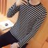 Fashion Men Striped T shirt Long Sleeves Round Neck Pullover Tops Casual Loose Shirt black and white stripes M