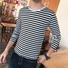 Fashion Men Striped T-shirt Long Sleeves Round Neck Pullover Tops Casual Loose Shirt black and white stripes M