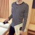 Fashion Men Striped T shirt Long Sleeves Round Neck Pullover Tops Casual Loose Shirt black stripes M
