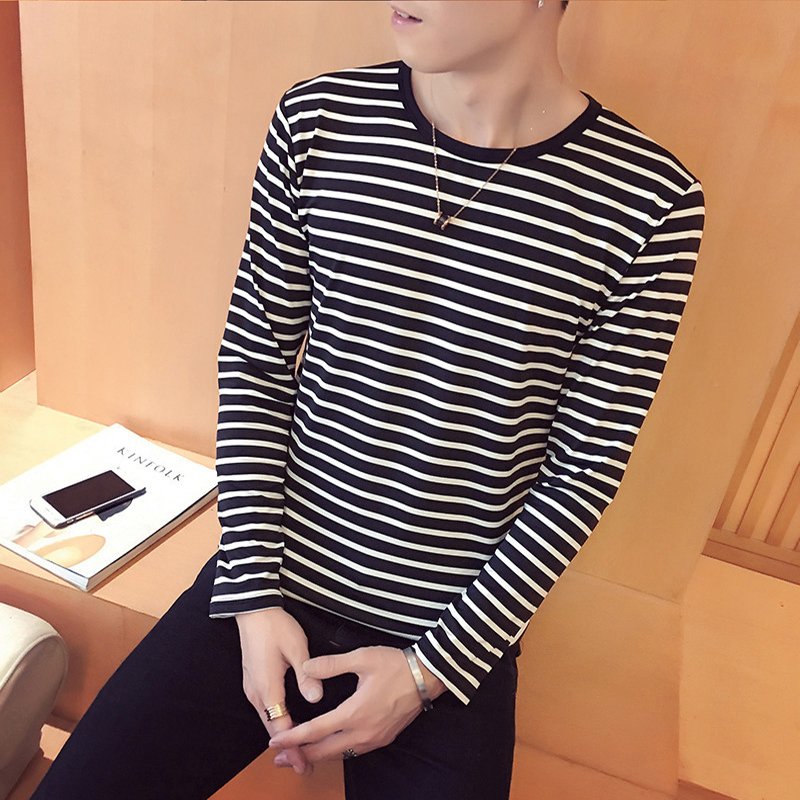 Fashion Men Striped T-shirt Long Sleeves Round Neck Pullover Tops Casual Loose Shirt black stripes M