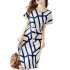 Fashion Striped Dress For Women Summer Short Sleeves V Neck Mid length Dress High Waist Casual A line Skirt As shown XL
