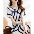 Fashion Striped Dress For Women Summer Short Sleeves V Neck Mid length Dress High Waist Casual A line Skirt As shown 2XL