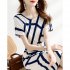 Fashion Striped Dress For Women Summer Short Sleeves V Neck Mid length Dress High Waist Casual A line Skirt As shown 3XL
