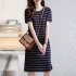 Fashion Striped Printing Dress For Women Summer Short Sleeves Round Neck A line Skirt Casual Mid length Dress blue M