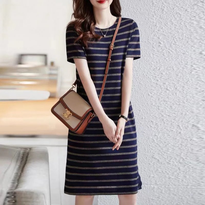 Fashion Striped Printing Dress For Women Summer Short Sleeves Round Neck A-line Skirt Casual Mid-length Dress blue M