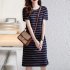 Fashion Striped Printing Dress For Women Summer Short Sleeves Round Neck A line Skirt Casual Mid length Dress blue M