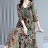 Fashion V neck Short Sleeves Dress For Women Retro Printing Mid length Dress Fashion Button decorated A line Skirt As shown L